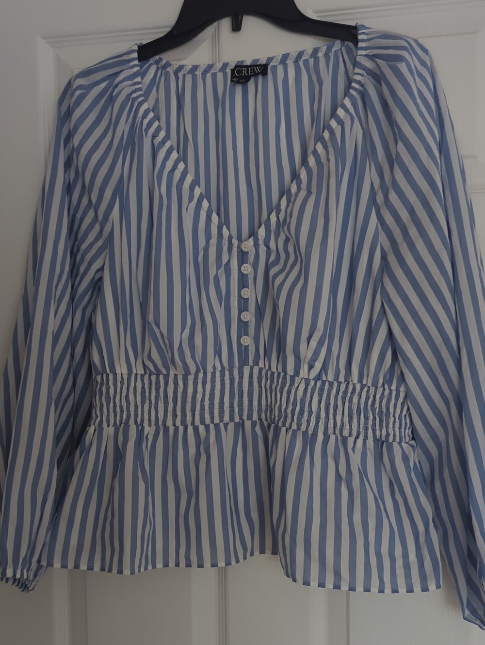 J. Crew Blue and White Striped Smocked-Waist Peplum Blouse